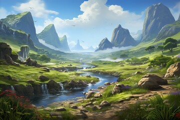 Serene River Valley Embraced by Majestic Mountain Ranges. Stunning Panoramic View.