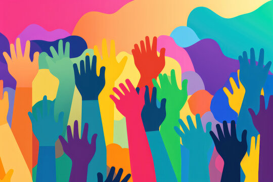 illustration of employees colorful hands raised in support of diversity initiatives within the workplace. 
