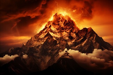 Dramatic Cinematic Landscape. Majestic Mountain Peaks Embraced by an Electrifying Lightning Storm.