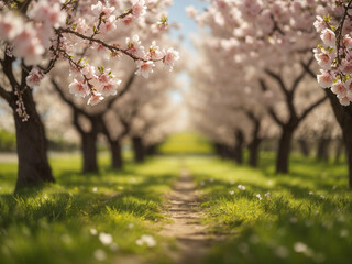 path through blooming almond trees pink flowers spring landscape background blur with copyspace