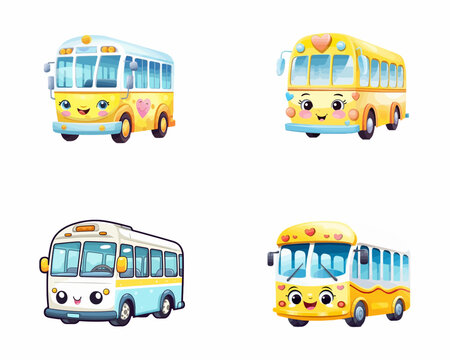 set of happy cute bus watercolor illustrations for printing on baby clothes, pattern, sticker, postcards, print, fabric, and books