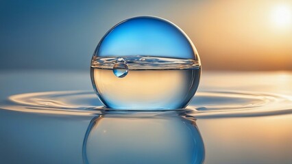  A water drop in the shape of a sphere, showing the surface tension and the reflection of water.  