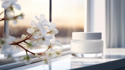 Fototapeta na wymiar Glass Jar of cosmetic cream beside the window, beautiful treatment routine