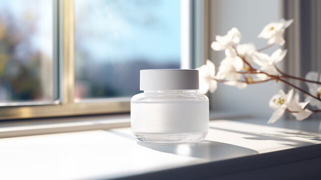Glass Jar of cosmetic cream beside the window, beautiful treatment routine