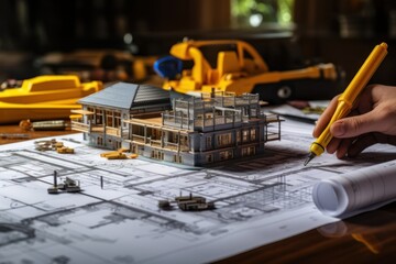 Architect working on blueprint at construction site. Engineering and architecture concept. House projects plan and blueprints. Real estate concept. - obrazy, fototapety, plakaty