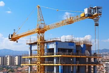 Fototapeta na wymiar Crane and building under construction against blue sky. Construction concept. . Engineering and architecture concept.