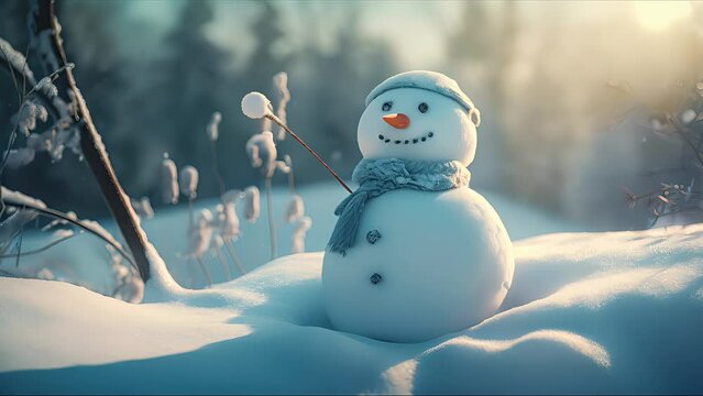 happy snowman in the snow. Created with Generative AI.	
