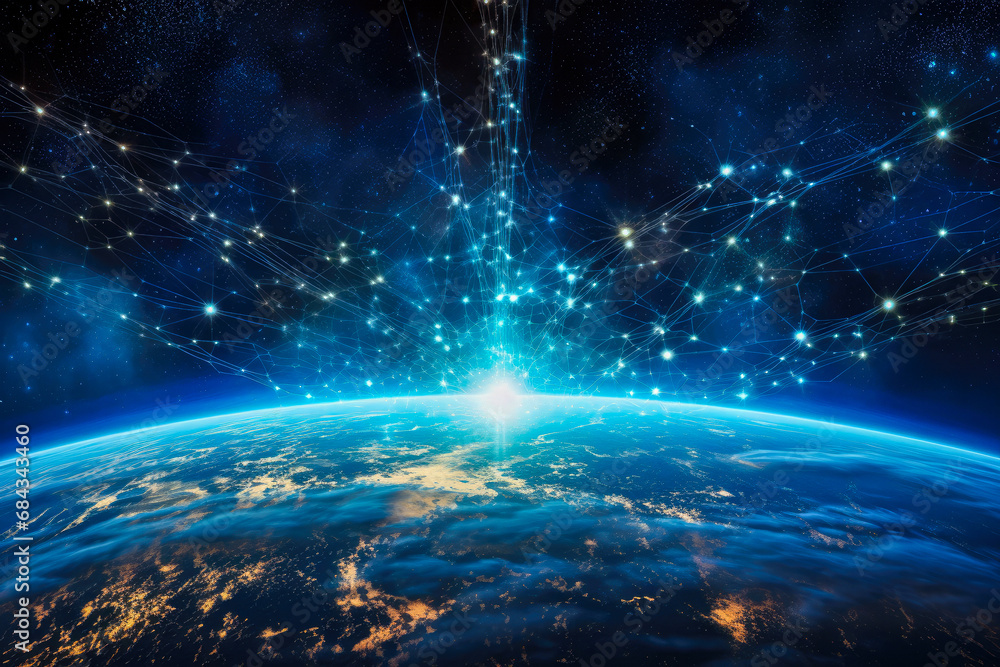 Poster earth from space showing the connection lines and city lights.
