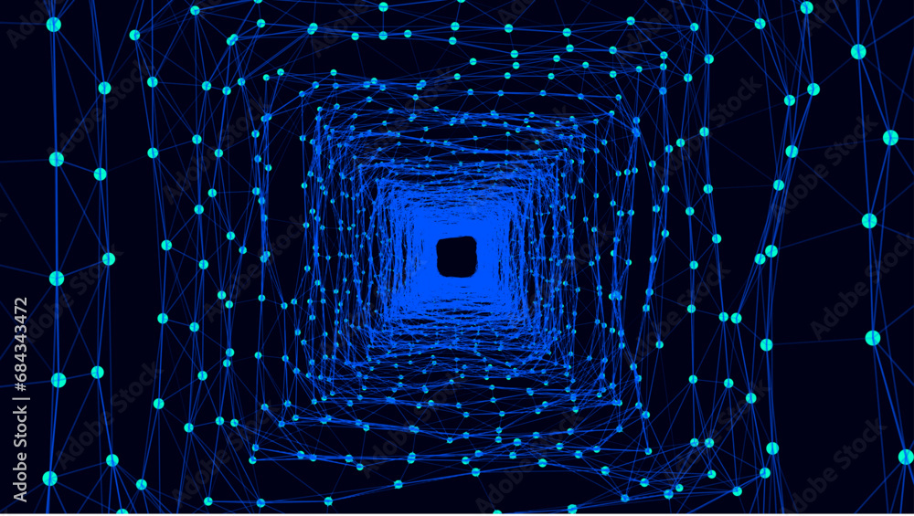 Fototapete Abstract 3d portal. Square tunnel or wormhole. Digital background with connected blue dots and lines. Vector illustration.