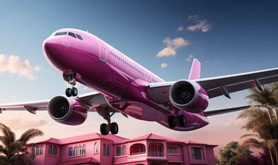 Creative airplane logo in pink color. - obrazy, fototapety, plakaty
