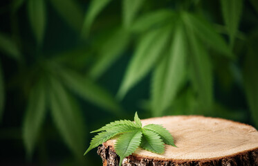 CBD hemp leaf  with empty wooden podium space for design. Cannabis herbal alternative medicine...