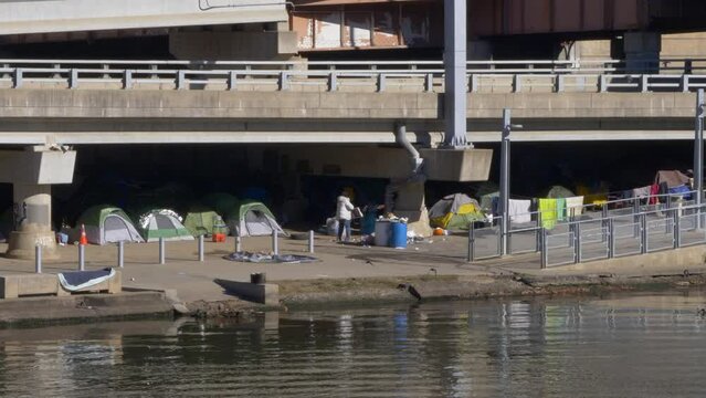 A view of a homeless tent camp on the Mon Wharf in downtown Pittsburgh, Pennsylvania.  