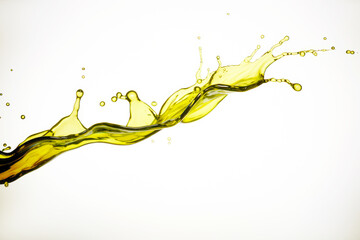 Olive oil cascades in a vibrant, abstract display, with splashes and ripples capturing the essence of this healthy, golden elixir against a clean white backdrop.