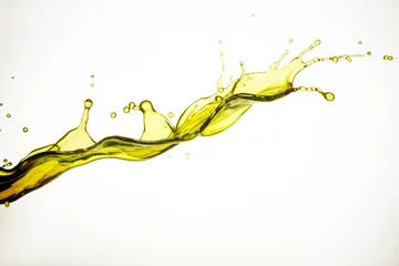 Fotobehang Olive oil cascades in a vibrant, abstract display, with splashes and ripples capturing the essence of this healthy, golden elixir against a clean white backdrop. © EdNurg
