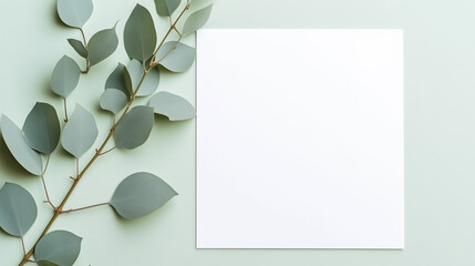 Blank card mockup with eucalyptus branches, flat lay, top view. Greeting card with copy space.
