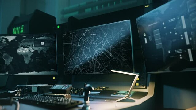 Police surveillance ai scanner examining the night city map. Surveillance ai scanner looking for the target gps signal. Surveillance ai scanner searching for the wanted target vehicle.
