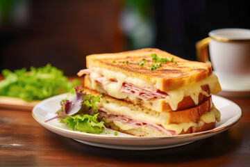 A fast food favorite - a cheese and bacon sandwich served on a plate, alongside fresh lettuce, for a satisfying and crispy meal.