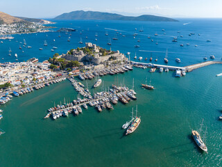 Aerial view of Bodrum on Turkish Riviera. View on Saint Peter Castle Bodrum castle and marina