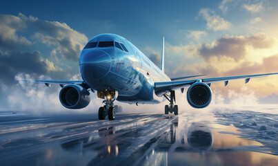 Airplane at the airport on the runway in winter.