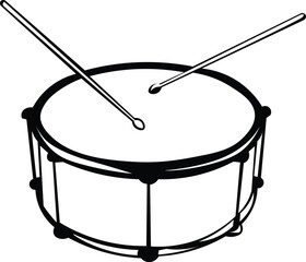 Cartoon Black and White Isolated Illustration Vector Of A Marching Band Drum with Drumsticks
