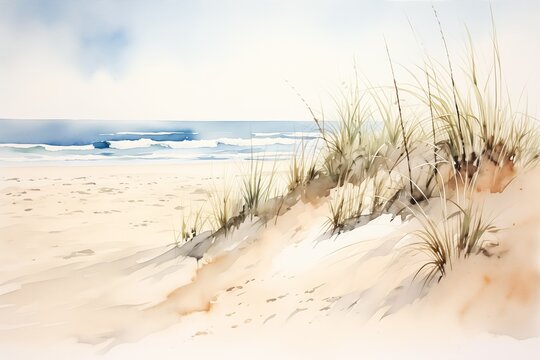 beach scene sand dune grass illustration gentle mists princess visible near jetty bright randy bishop