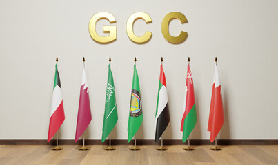 Flags of the Gulf Cooperation Council countries, Bahrain, Kuwait, Oman, Qatar, Saudi Arabia, and the United Arab Emirates.