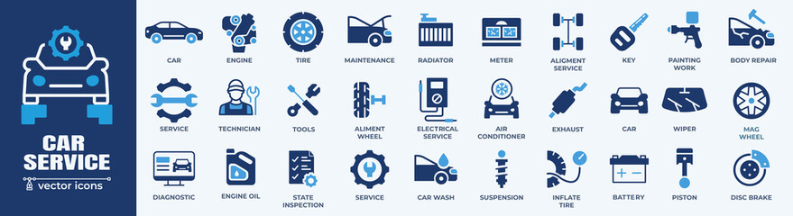 Car service icon set with black stroke and white background. Auto service, car repair icon set. Car service and garage. - obrazy, fototapety, plakaty