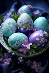 Images of easter egg decor, in the style of light sky-blue and light green, dotted, pastoral charm, dark green and purple, decorative paintings. Easter cocnept.