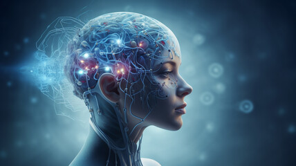 Obraz premium digital composite of female head with brain and digital graphic