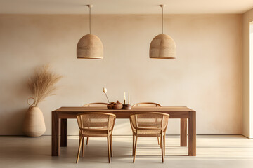 Modern dining room interior with beige walls, concrete floor, round wooden table with rattan chairs and candles. 3d render
