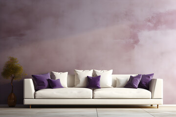 Contemporary Interior: White Sofa, Purple Pillows, and Plant