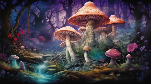 mushrooms growing woods soft scene blacklight poster white fog large eddies vulcanic ground marijuana trees