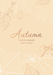 Autumn elegant poster. Brochure, flyer and leaflet. Beige and pastel colors of banner or cover for website. calligraphy and typography. Linear leaves and branches. Cartoon flat vector illustration