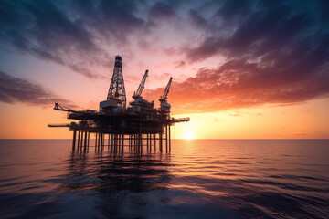 Fototapeta na wymiar Offshore oil and gas. Oil rig in sea on sunset, Crude Oil production, aerial view. Offshore drilling of extracting petroleum and natural gas from seabed. Mobile platform in ocean. Ai Generative