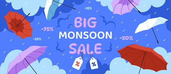 Big monsoon sale poster. Discounts and promotions. Red and violet umbrellas with rain and drops of water. Electronic commerce and marketing on internet. Cartoon flat vector illustration
