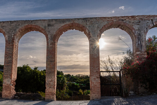 Tablazo or iron water aqueduct in the town of Nerja in a dilapidated state, Malaga.