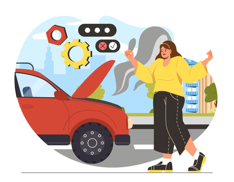 Broken car concept. Young girl with red vehicle stuck at road. Smog from automobile. Accident and emergency situation. Cartoon flat vector illustration isolated on white background