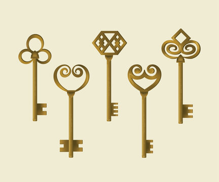 set of beautiful victorian retro vintage keys with ornaments 