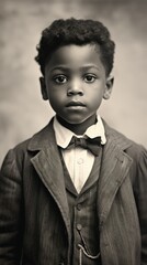 vertical portrait of a black five-year-old boy, early 20th century style, vintage, black and white....