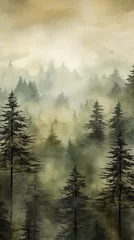 Afwasbaar Fotobehang Mistig bos Watercolor with tranquility forest landscape. Poster art.