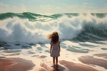 girl standing deep looking ocean giant waves fearful beside sea sadness frequency princess album cover promotional
