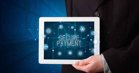 Person holding tablet, security concept