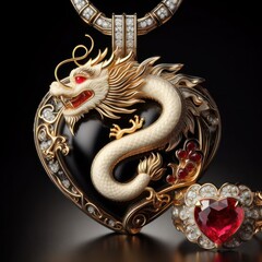 Beautiful elegant jewelry in the shape of a dragon with precious stones, rubies, sapphires, emeralds, ivory, gold and platinum  generated by artificial intelligence