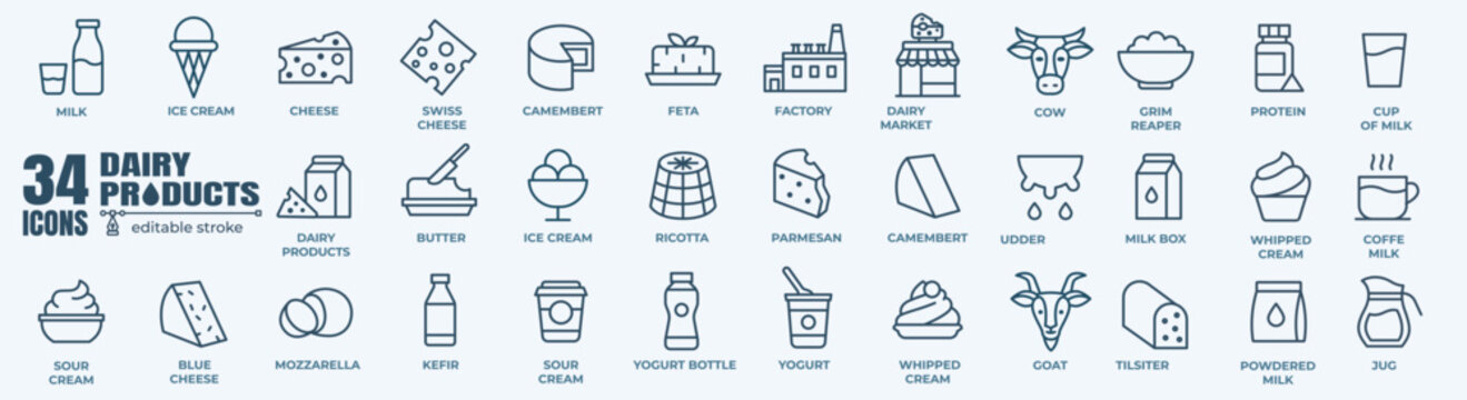 Dairy and milk products minimal thin line web icon set. Outline editable icons collection. Simple vector illustration.