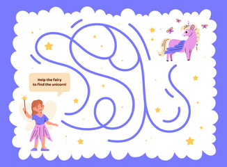Fairy tale maze for kids. Labyrinth for children with fairies. Imagination and fantsy. Logical development for boys and girls. Cartoon flat vector illustration isolated on blue background