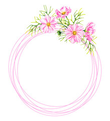 Watercolor wreath with pink cosmos flowers