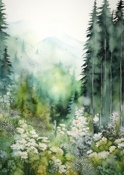 forest trees flowers blurred dreamy illustration pure white hazy overcast sky simple background large patches plain colors arctic hemlocks shrouded