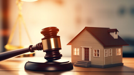 gavel and house on table. property concept