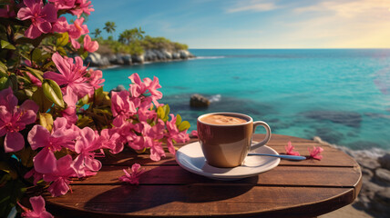 a cup of hot coffee against the backdrop of a beautiful sunset and the sea - obrazy, fototapety, plakaty
