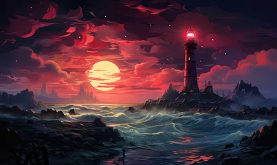 Wandaufkleber Creative lighthouse on an abstract dark background. © Andreas